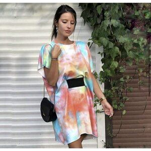 Zara Trafaluc Sz M Tie Dye Print Oversized Sweatshirt Shift Dress 80s Colorful